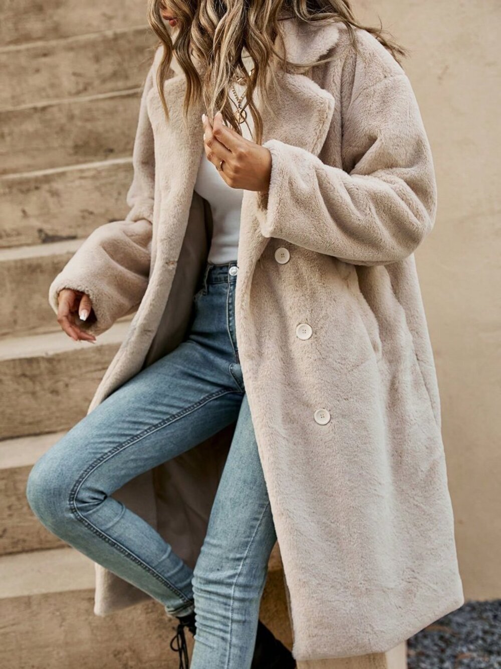 Apricot Casual Women's Drop Shoulder Double Breasted Teddy Coat - Picture 6 of 6